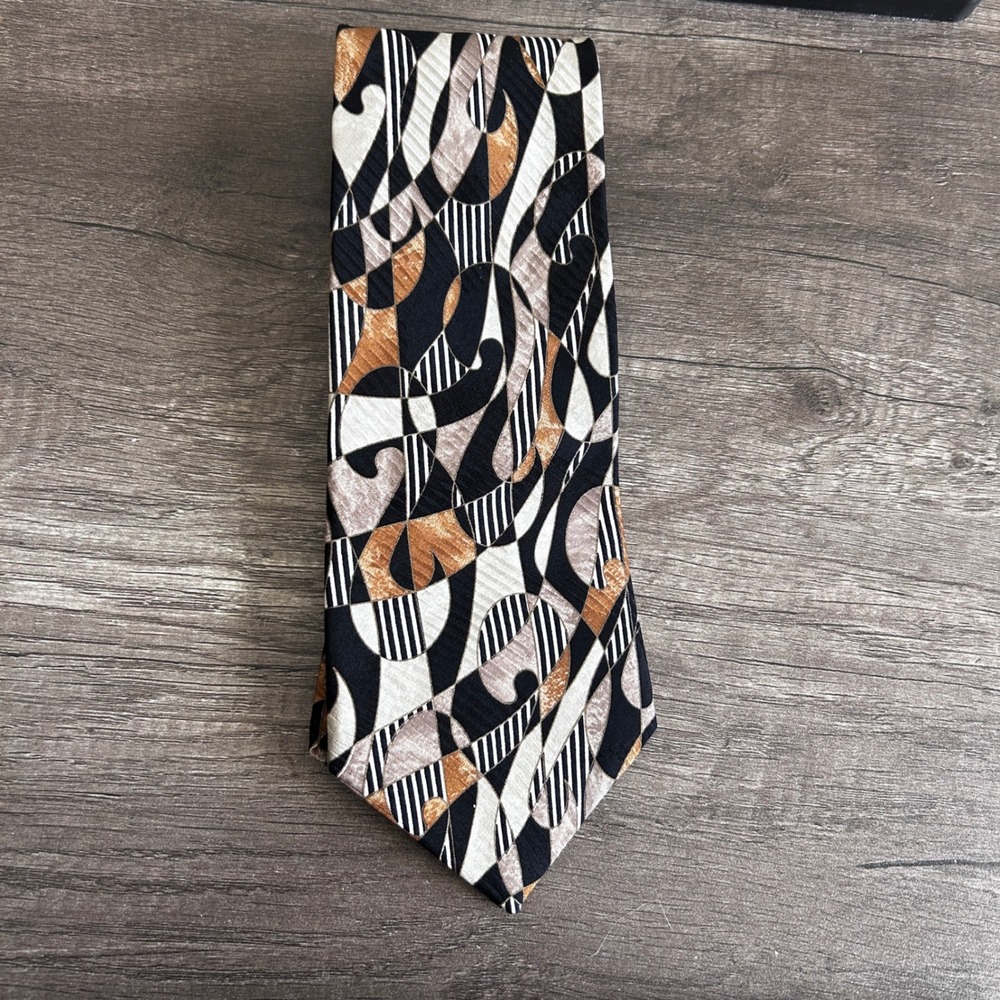 Vintage Martin Wong Mens Silk Necktie Black Brown Abstract Geometric Made In USA